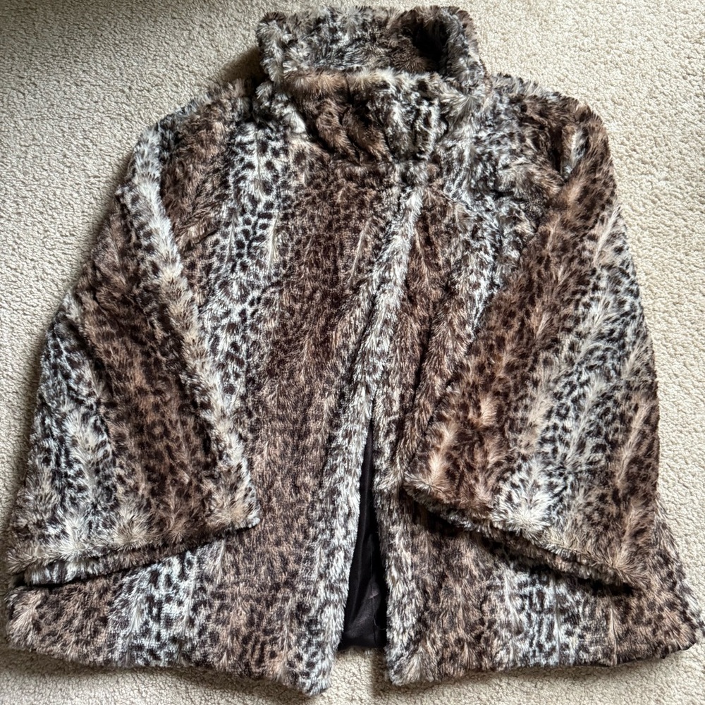 Vintage leopard print cape swing jacket Large faux fur 4 button snap closure - Picture 2 of 7